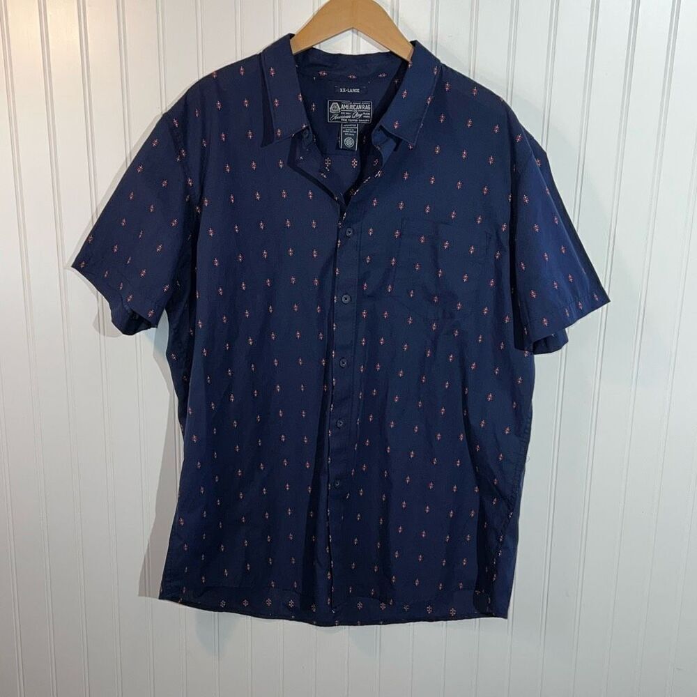 American Rag Ditzy Print Button Up Shirt Men XXLarge Blue/Red Woven Short Sleeve